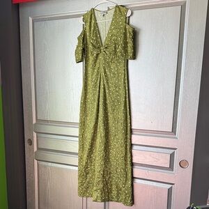 Ganni Olive-Printed Cold-Shoulder Maxi Dress